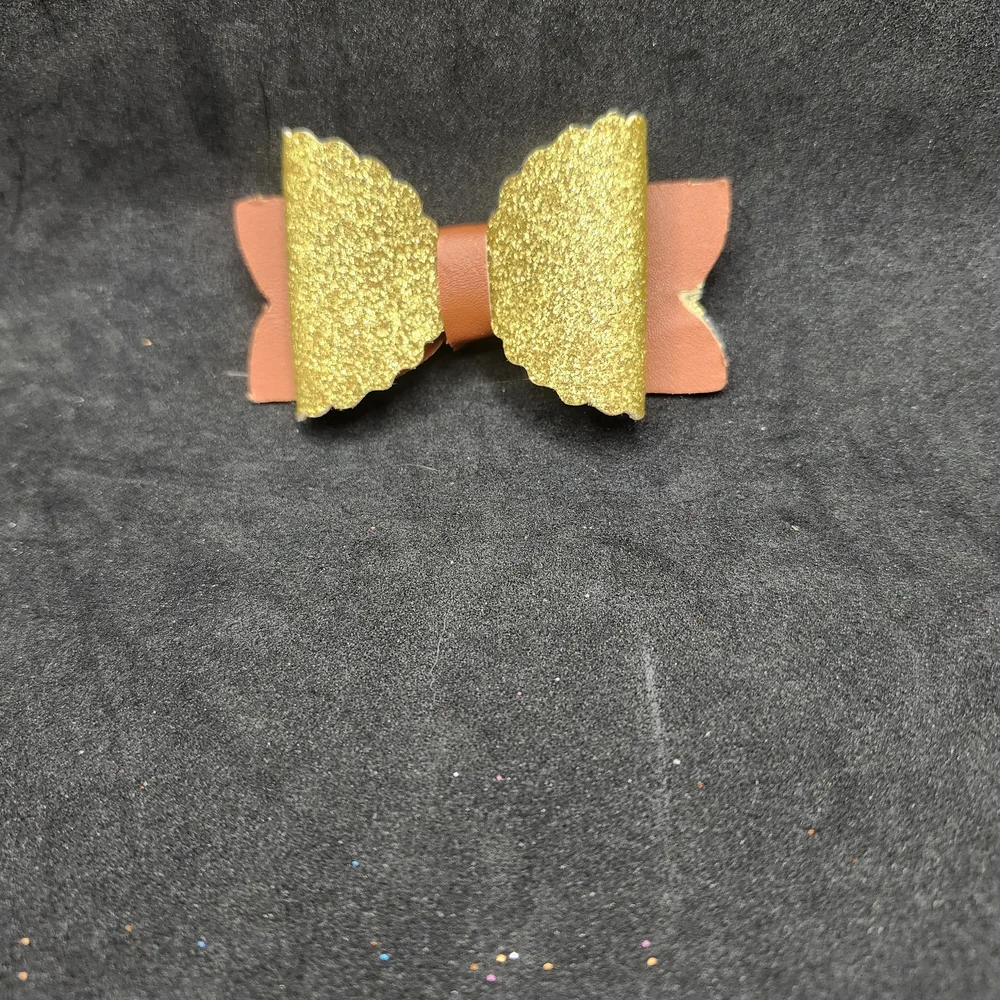 Hand Crafted Gold and Brown Glitter Bow Faux Leather